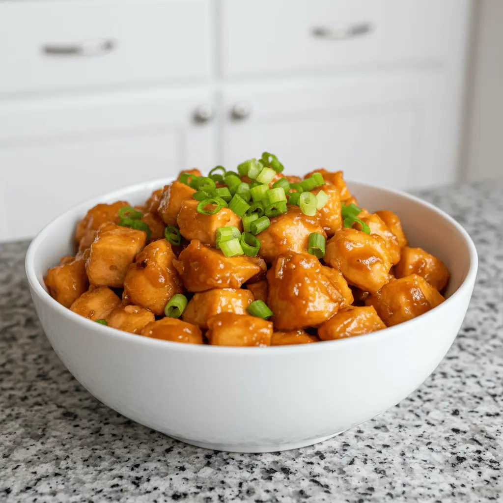 Delicious glazed chicken, a key component of many pineapple chicken recipes, served in a white bowl and garnished with fresh green onions on a granite countertop.