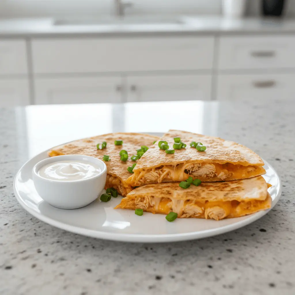 Golden-brown chicken and cheese quesadillas with scallions and dip, a delicious take on buffalo chicken recipes.