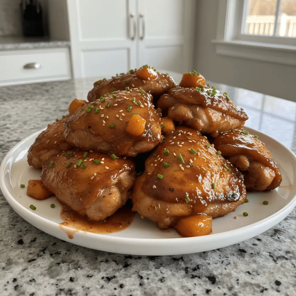 Beautifully glazed chicken thighs with sesame seeds and chives on a white plate, highlighting delicious bbq chicken recipes.