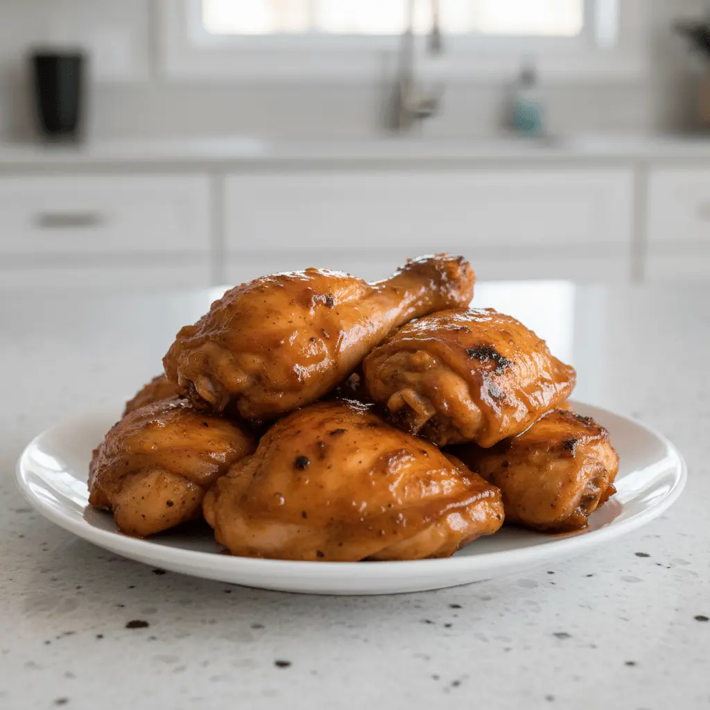 Close-up of a plate of glazed drumsticks and thighs, perfect for delicious bbq chicken recipes.