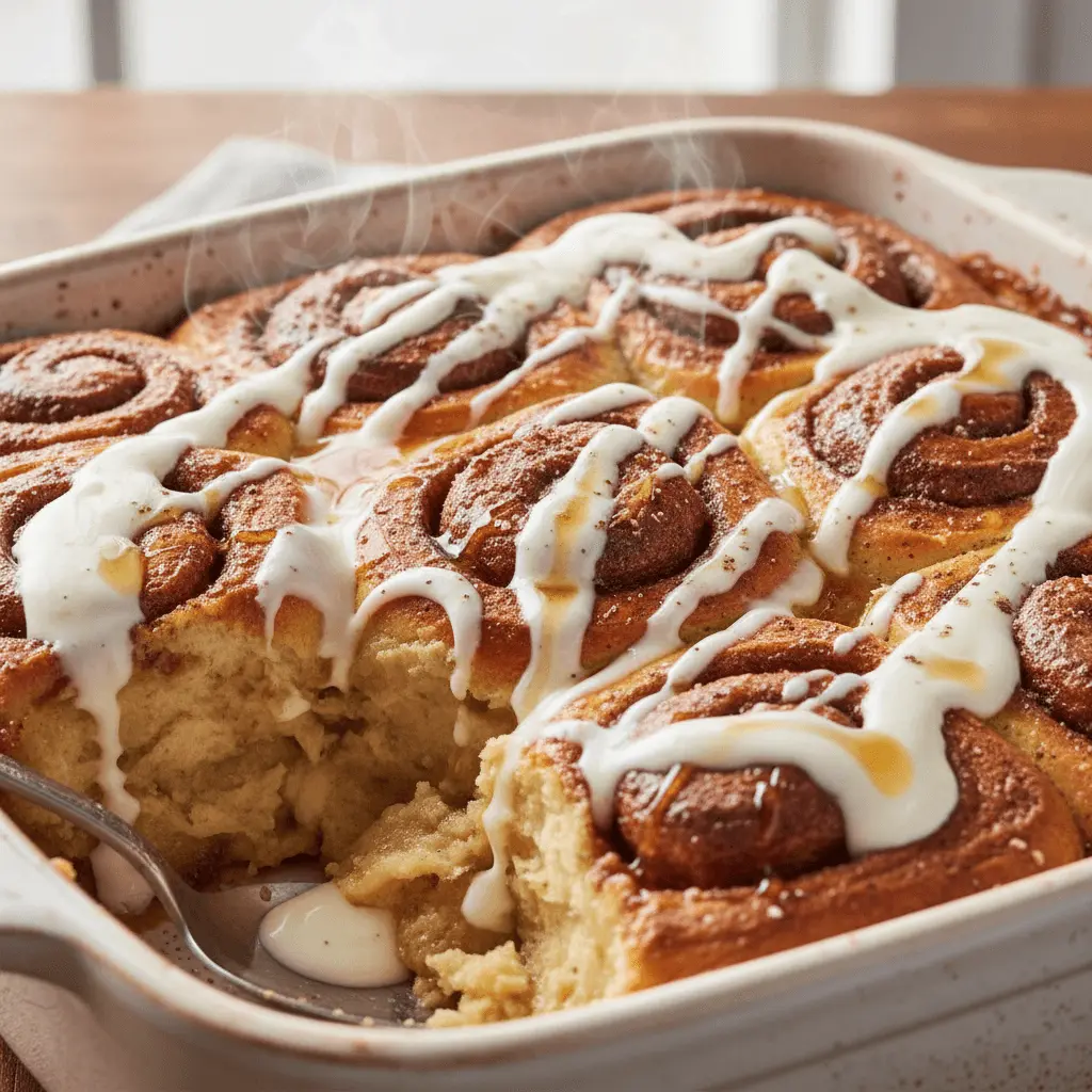 Close-up of a warm, freshly baked cinnamon roll casserole with gooey interiors, drizzled with white icing and amber syrup, and a spoon scooping out a portion.