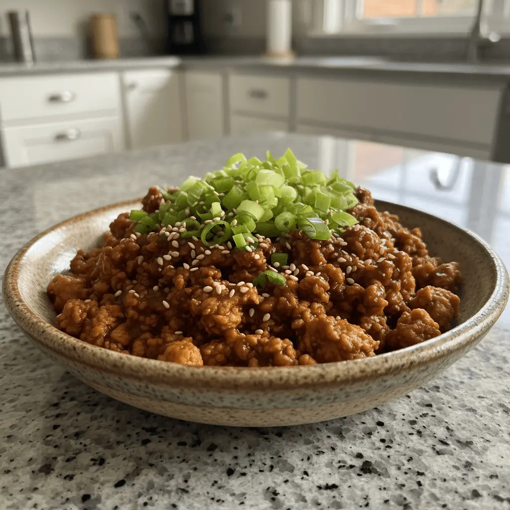A beautifully presented bowl of saucy ground chicken, garnished with green onions and sesame seeds, part of a collection of delicious ground chicken recipes.