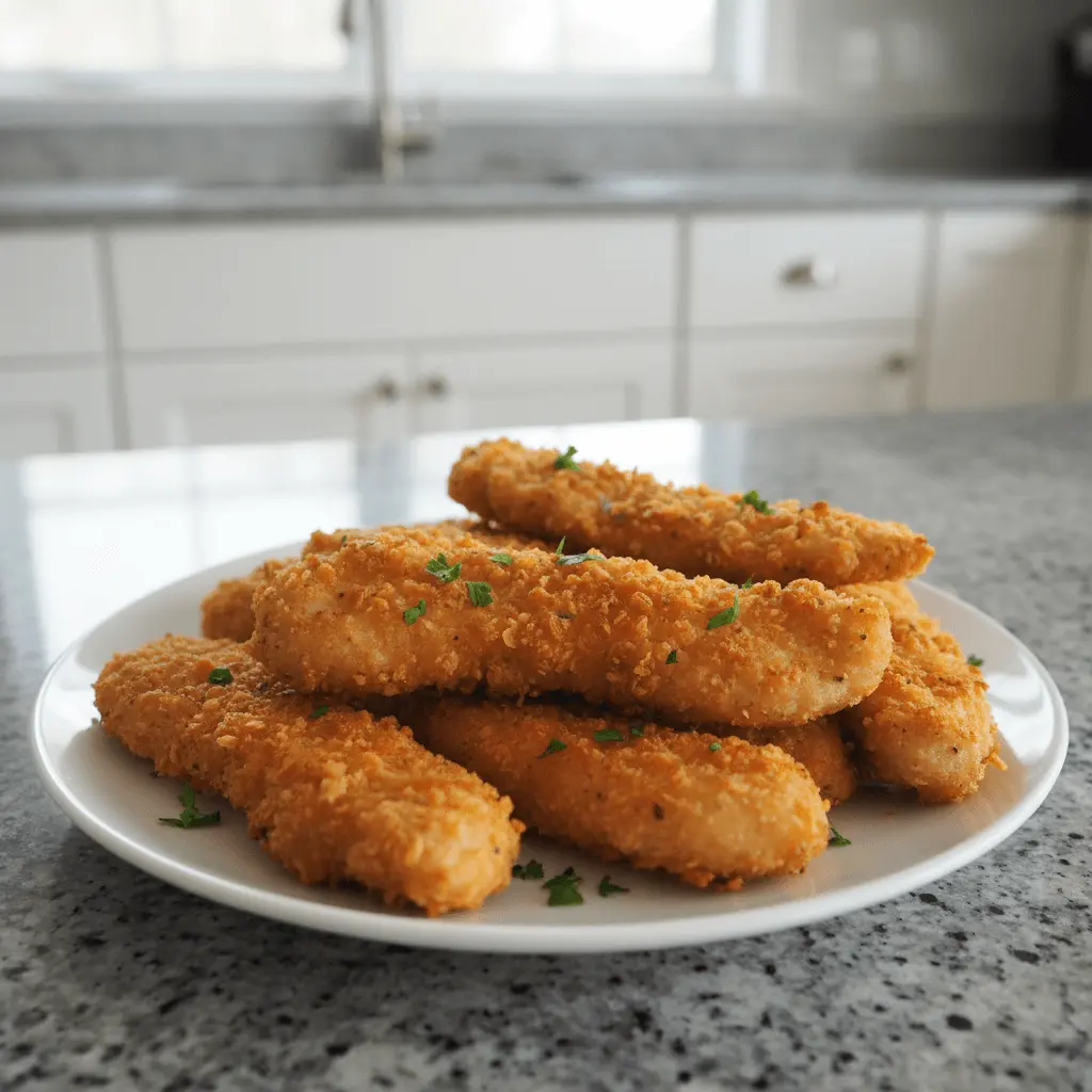 A plate of golden-brown, crispy oven fried chicken tenders garnished with fresh herbs, set in a modern kitchen, showcasing delicious oven fried chicken recipes.