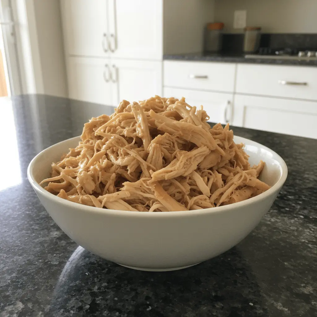 A close-up of a large bowl of moist, tender shredded chicken, perfect for various crockpot shredded chicken recipes, on a dark granite countertop.