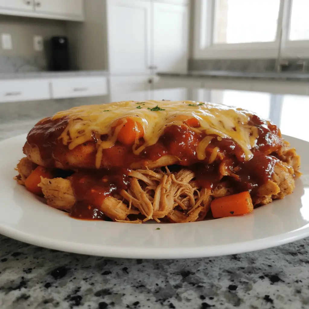 Hearty, cheesy, saucy shredded chicken dish with carrots on a white plate, perfect for delicious frozen chicken recipes.