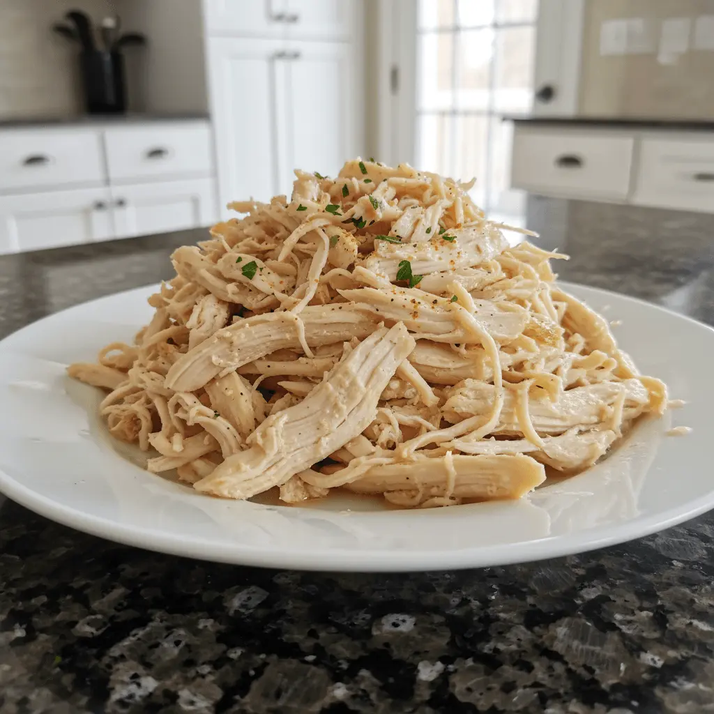A close-up of a generous mound of seasoned shredded chicken on a white plate, perfect for various shredded chicken recipes.