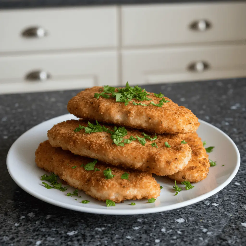 Golden-brown breaded chicken cutlets garnished with parsley on a white plate, showcasing delicious breaded chicken recipes.