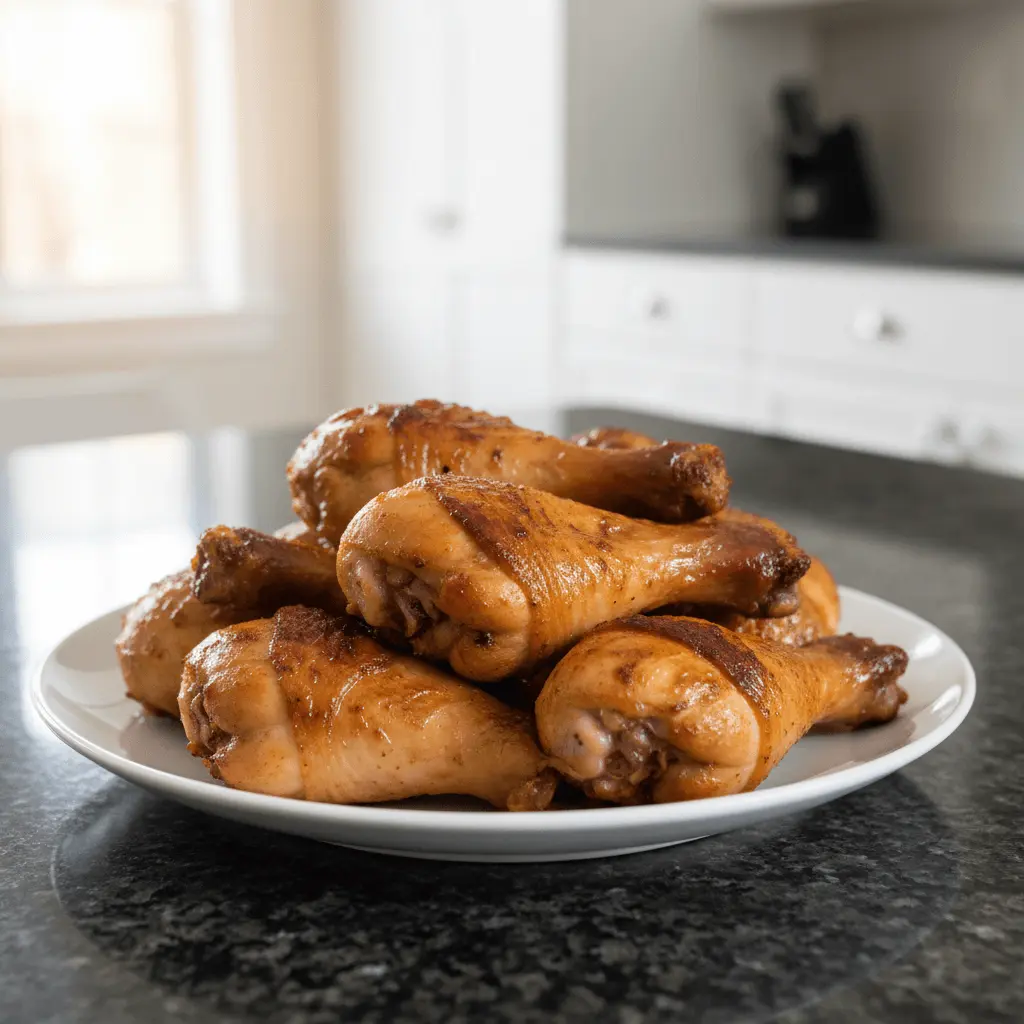 Golden-brown glazed chicken drumsticks on a white plate, perfect for delicious drumstick chicken recipes.