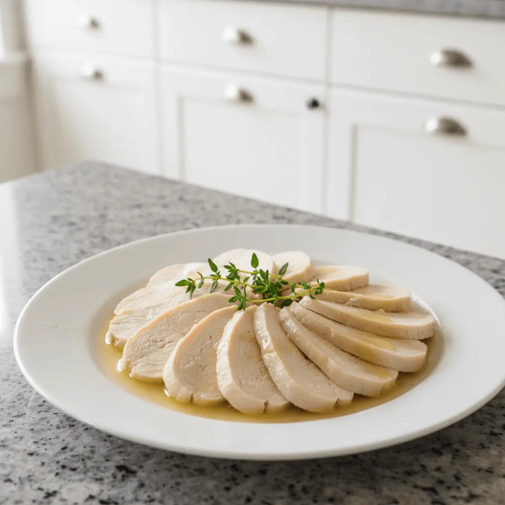 Plate of moist, sliced boiled chicken breast with a herb garnish on a white plate, perfect for healthy boiled chicken recipes.