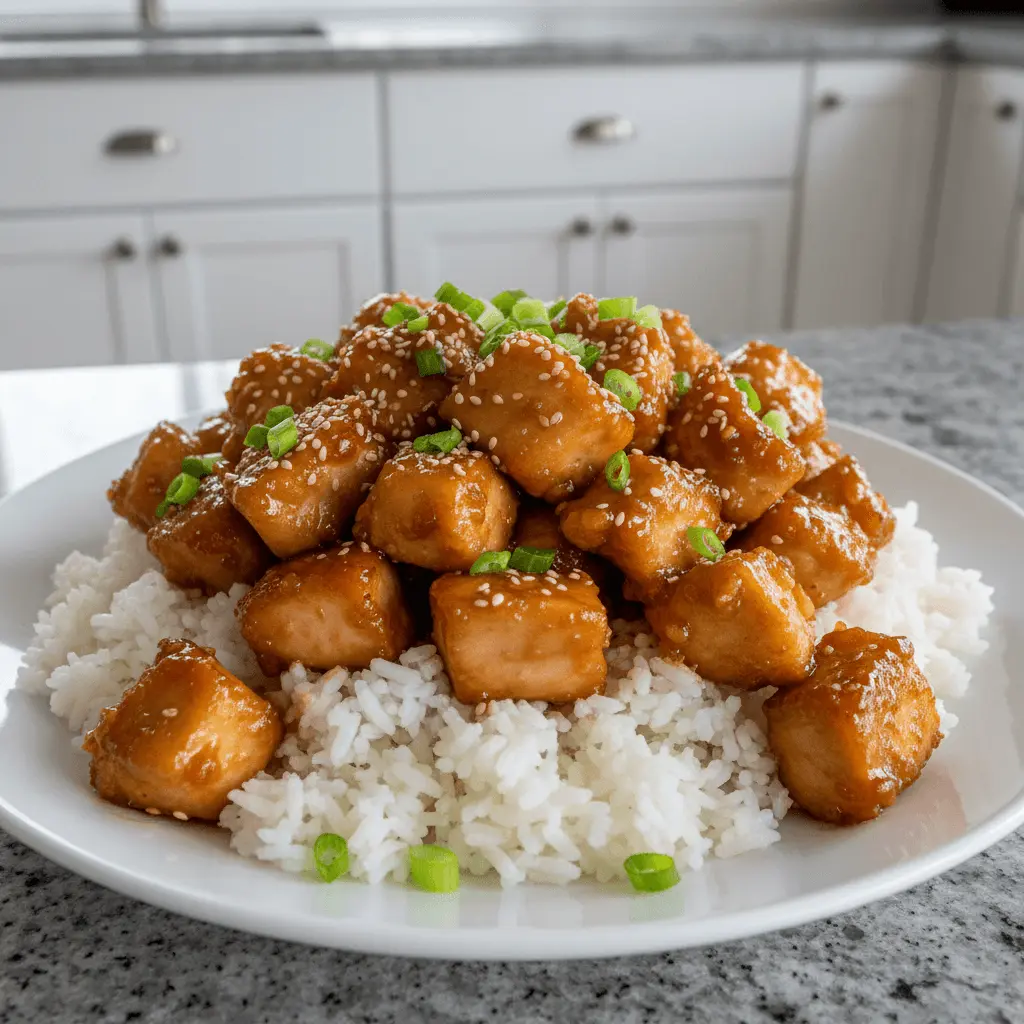 Close-up of glazed diced chicken served over white rice with sesame seeds and green onions, perfect for delicious diced chicken recipes.