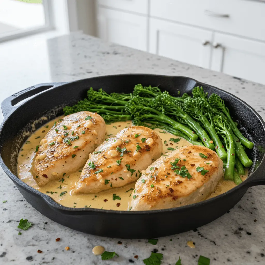 Golden-brown chicken and vibrant broccolini served in a cast iron skillet, inspiring delicious skillet chicken recipes.