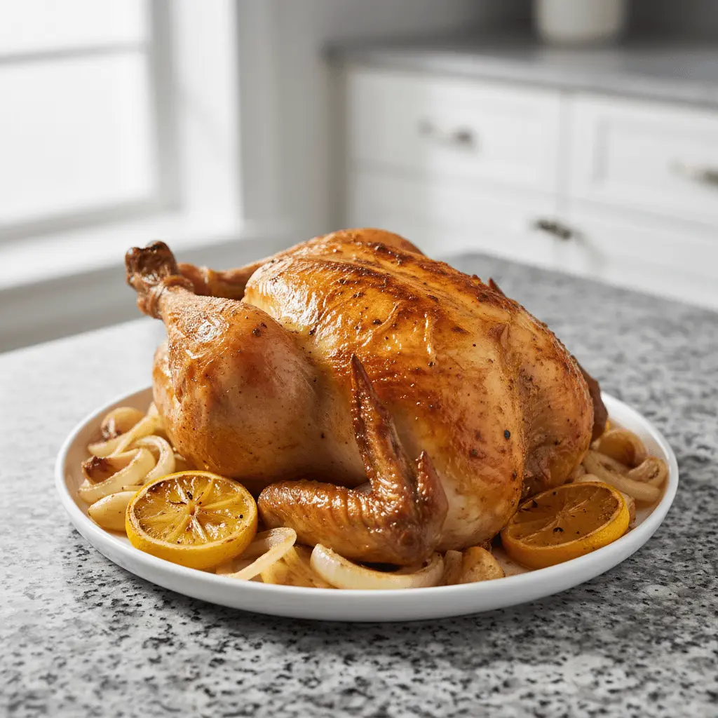 Beautifully roasted whole chicken, golden-brown and served with caramelized onions and roasted lemons, perfect for inspiring whole chicken recipes.