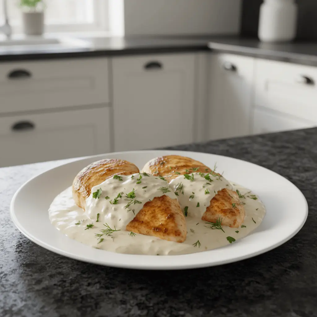 Close-up of pan-seared chicken with a rich, creamy sauce and fresh herbs, a perfect example of delicious creamy chicken recipes.