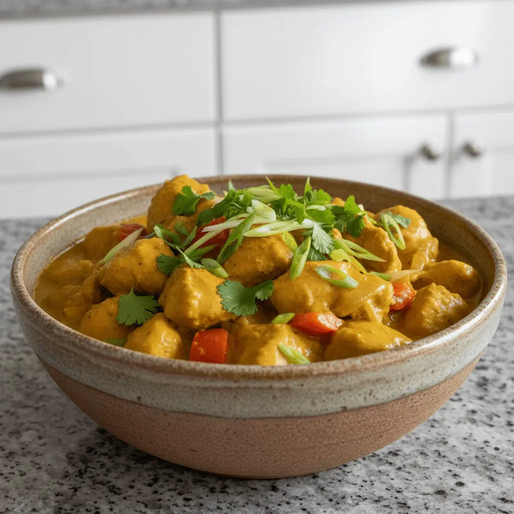 Golden-yellow curry chicken in a rustic bowl, garnished with fresh herbs, illustrating delicious curry chicken recipes.