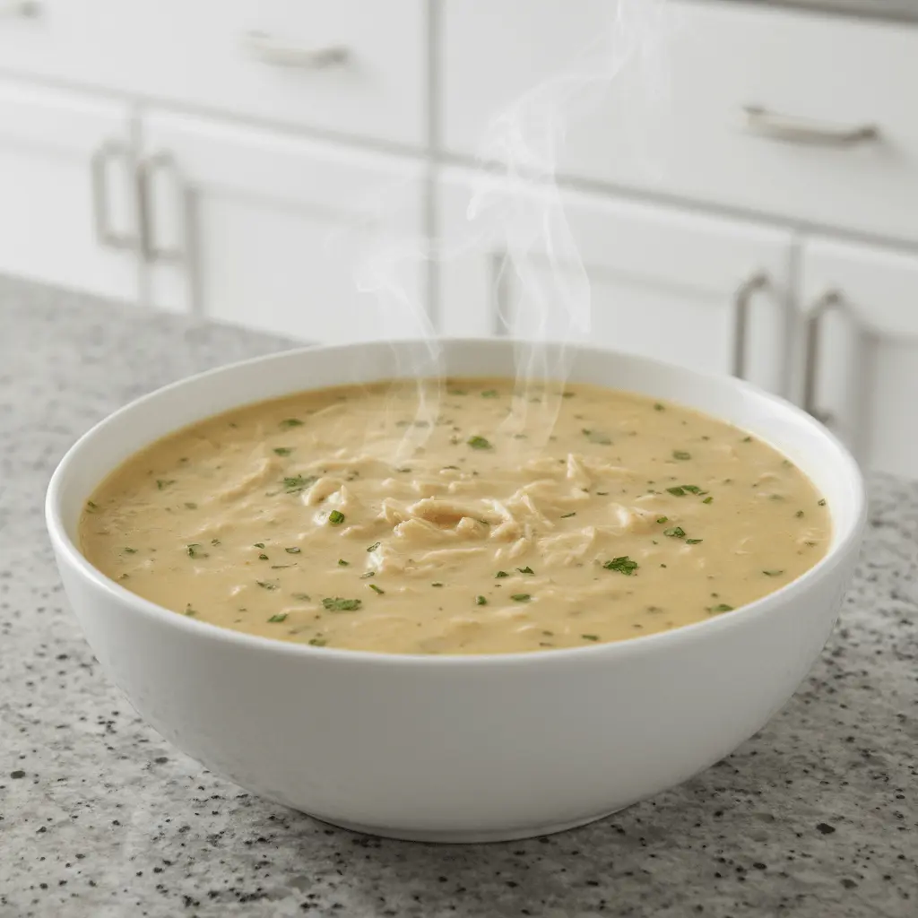 Steaming bowl of rich cream of chicken soup with herbs, ideal for exploring cream of chicken recipes.