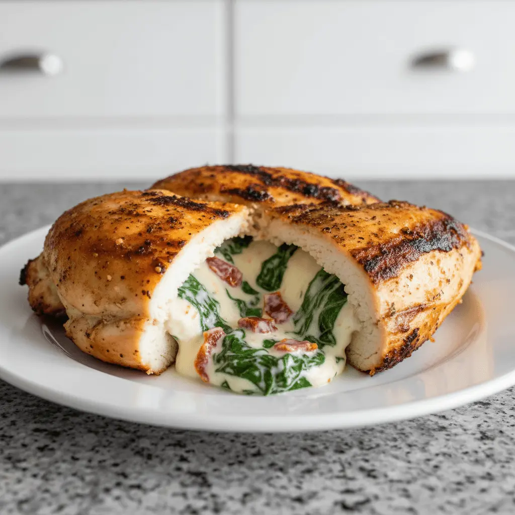 Close-up of golden-brown chicken breast, sliced to reveal creamy spinach and sun-dried tomato filling, showcasing delicious stuffed chicken recipes.