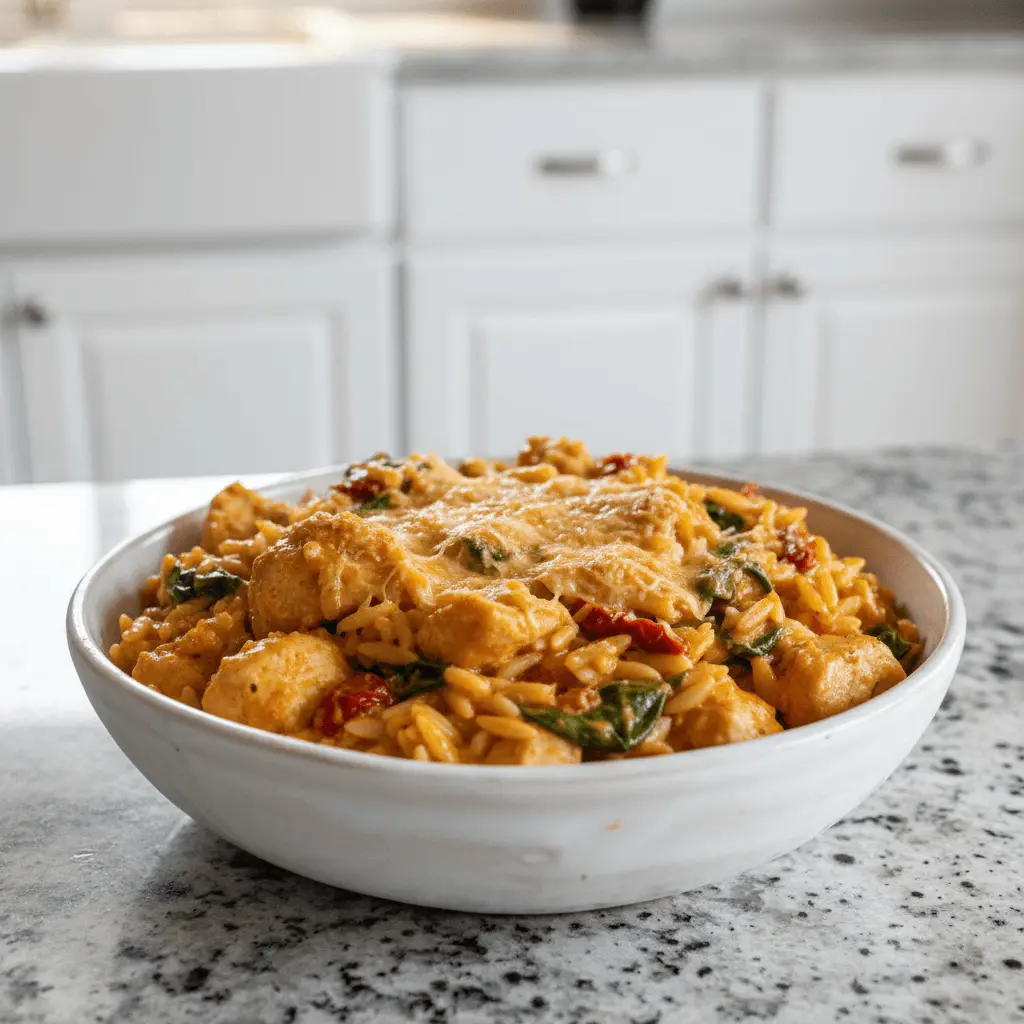 A close-up of a creamy, cheesy orzo chicken dish with sun-dried tomatoes and spinach, a perfect inspiration for orzo chicken recipes.