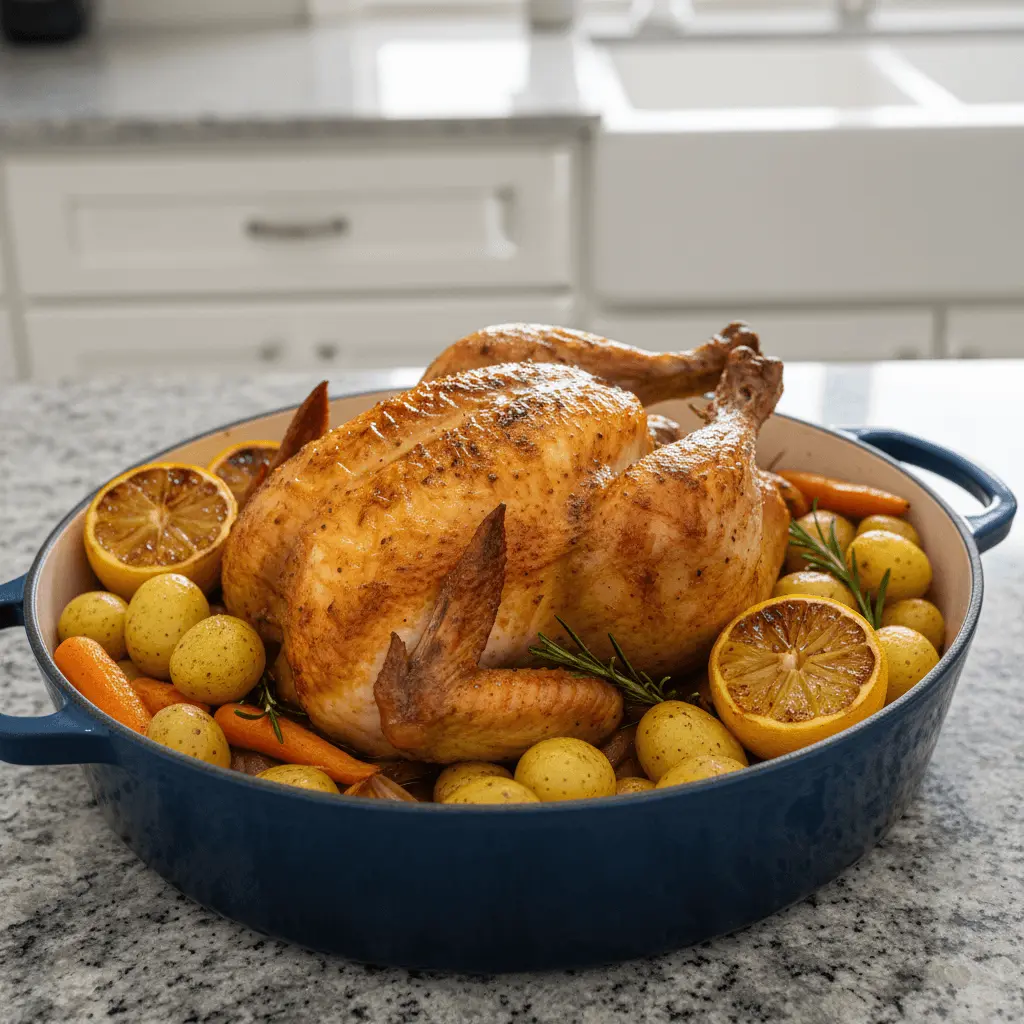 Golden-brown roasted whole chicken with potatoes and lemons in a blue Dutch oven, perfect for savory dutch oven chicken recipes.