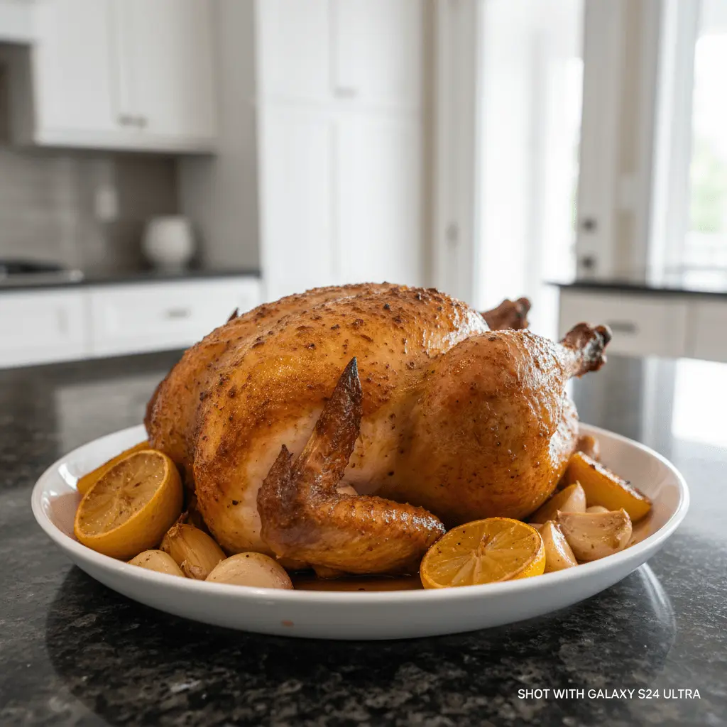 Golden-brown roasted chicken with lemons and garlic, perfect for exploring new roasted chicken recipes.