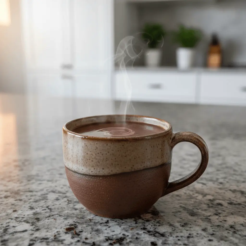 Steaming mug of rich hot chocolate on a modern kitchen counter, inspiring a delicious hot chocolate recipe.