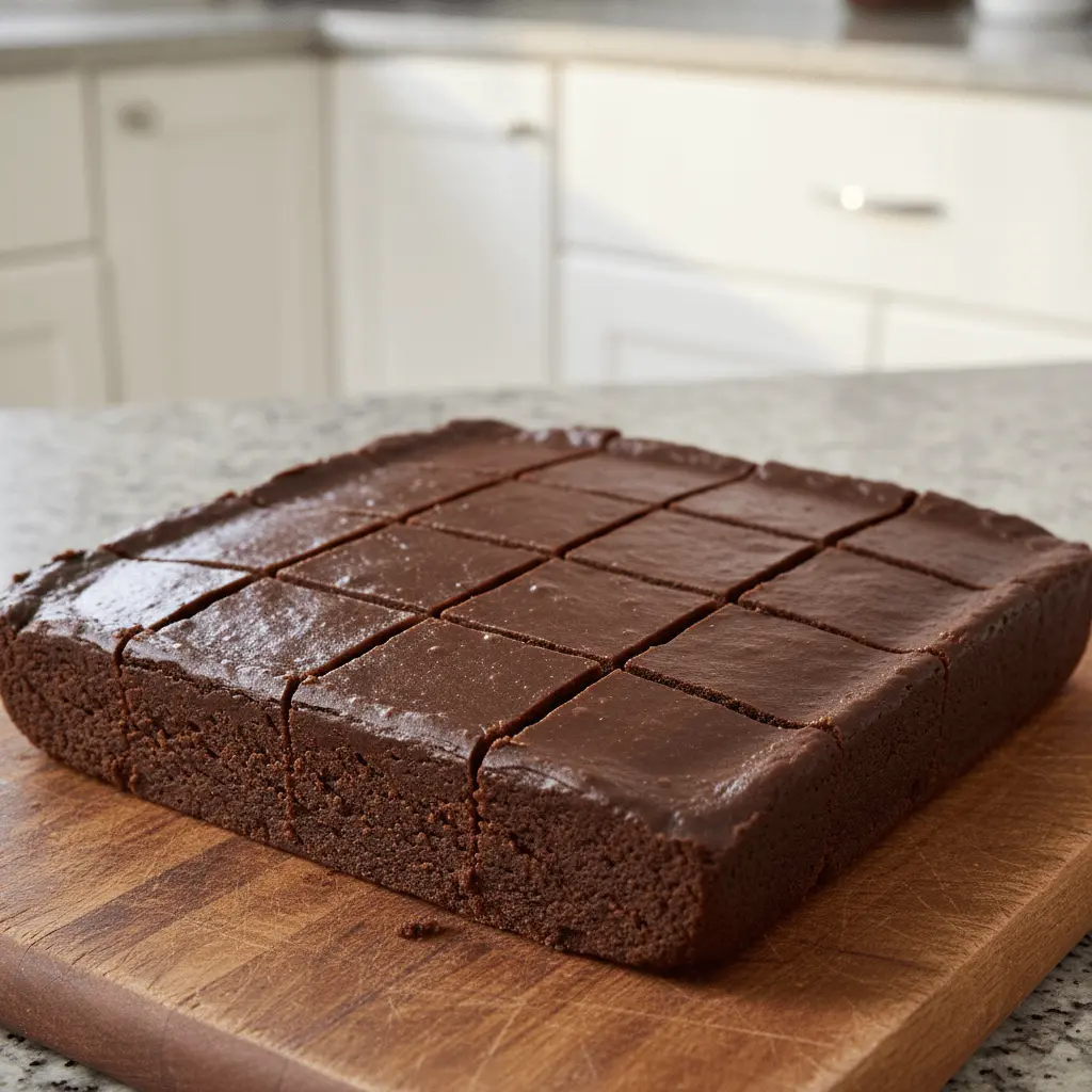 Freshly baked chocolate fudge brownies on a wooden cutting board, a perfect treat from this chocolate fudge recipe.