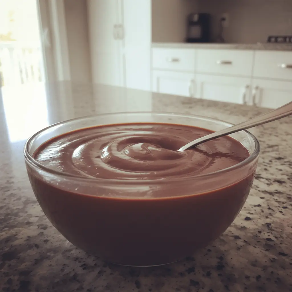 A close-up of a creamy chocolate pudding with a spoon, perfect for a delicious chocolate pudding recipe.