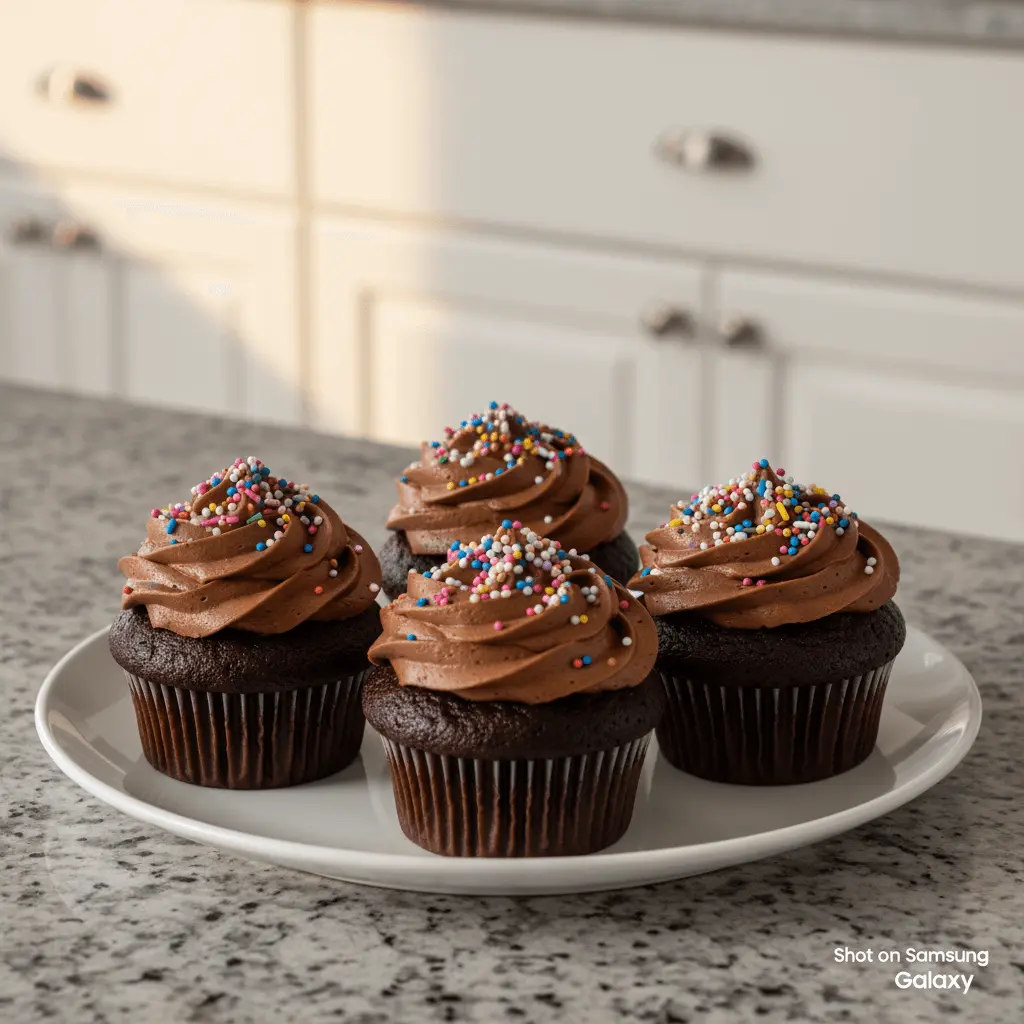 Close-up of four richly frosted chocolate cupcakes with colorful sprinkles on a white plate, perfect for a delicious chocolate cupcakes recipe.