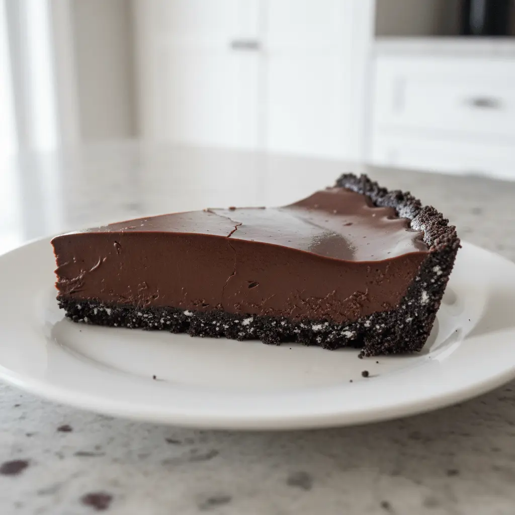A tempting slice of a rich chocolate tart with a layered filling and dark cookie crust, perfect for a chocolate tart recipe.