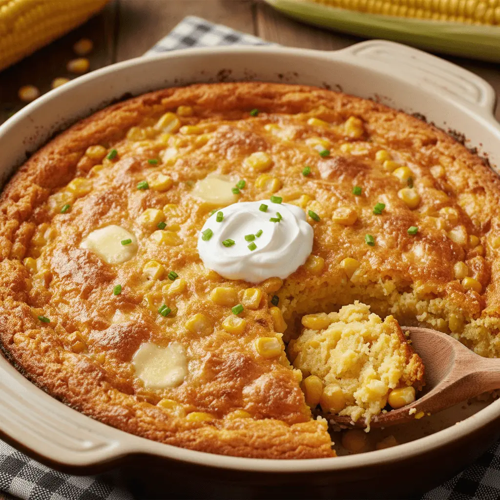 Golden-brown cornbread casserole fresh from the oven, served in a rustic dish with sour cream and chives.