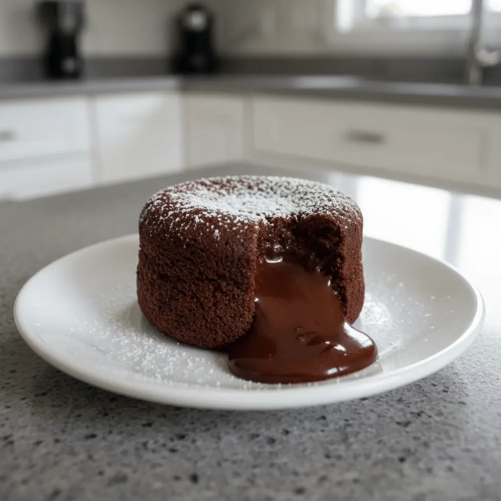 Close-up of a perfectly baked chocolate lava cake on a white plate, revealing its molten center and dusted with powdered sugar, an enticing chocolate lava cake recipe.