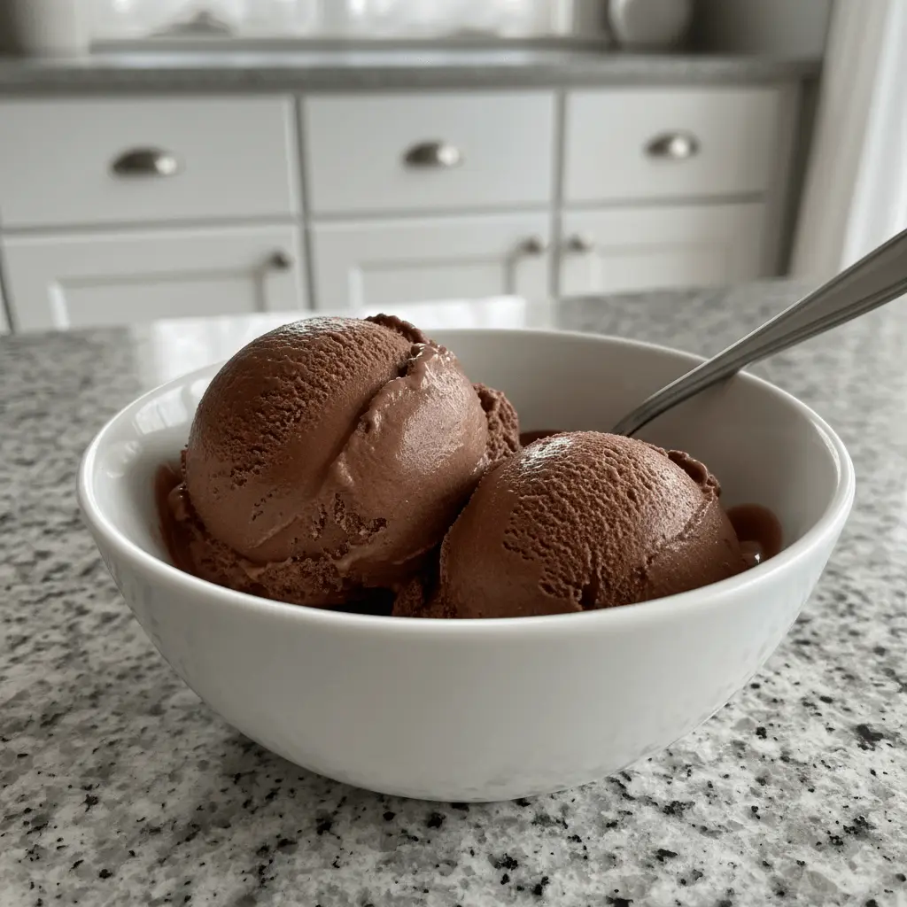 Scoops of rich chocolate ice cream in a white bowl on a kitchen counter, inspiring your next chocolate ice cream recipe.