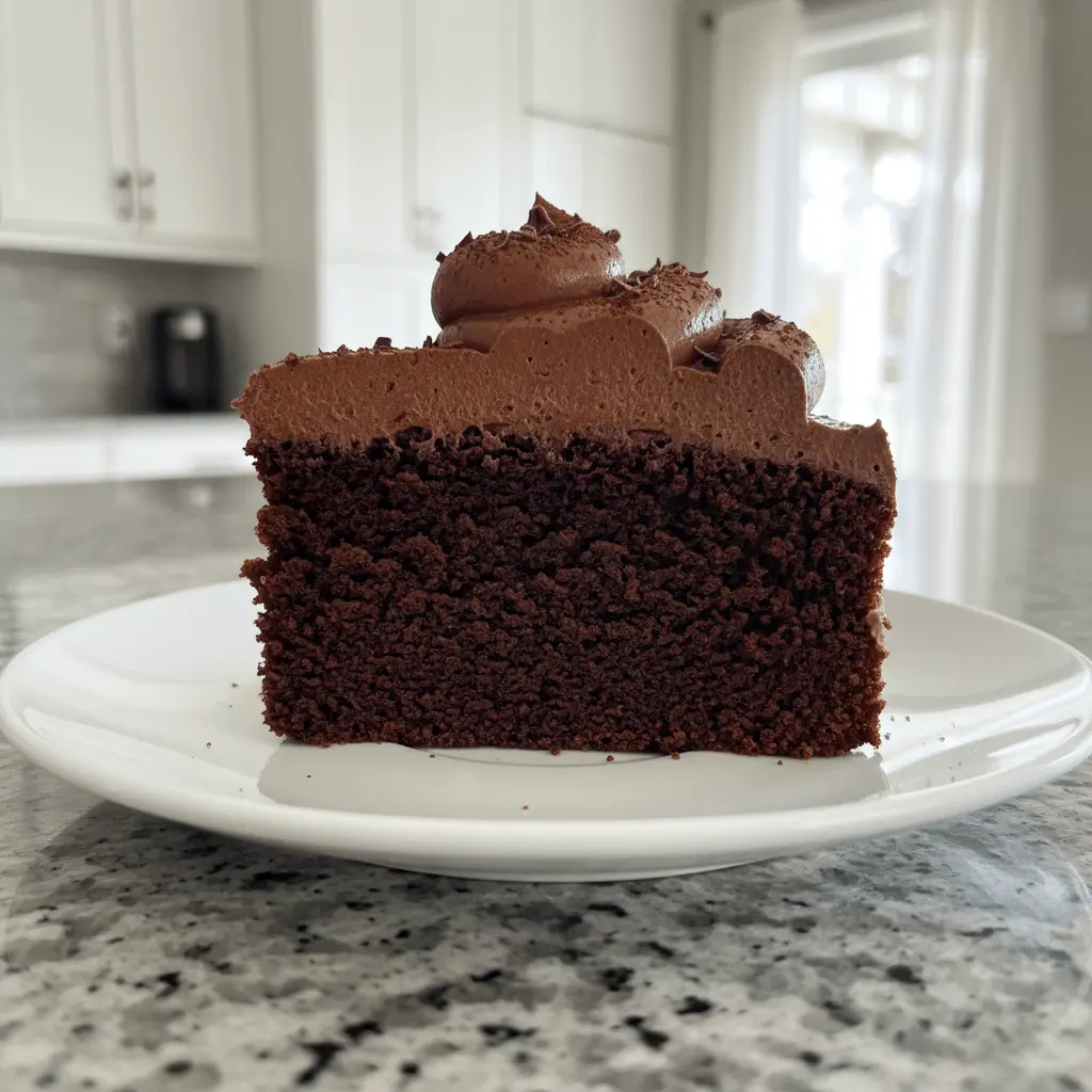 Close-up of a tempting slice of rich, moist vegan chocolate cake with whipped frosting and chocolate shavings, perfect for a vegan chocolate cake recipe.