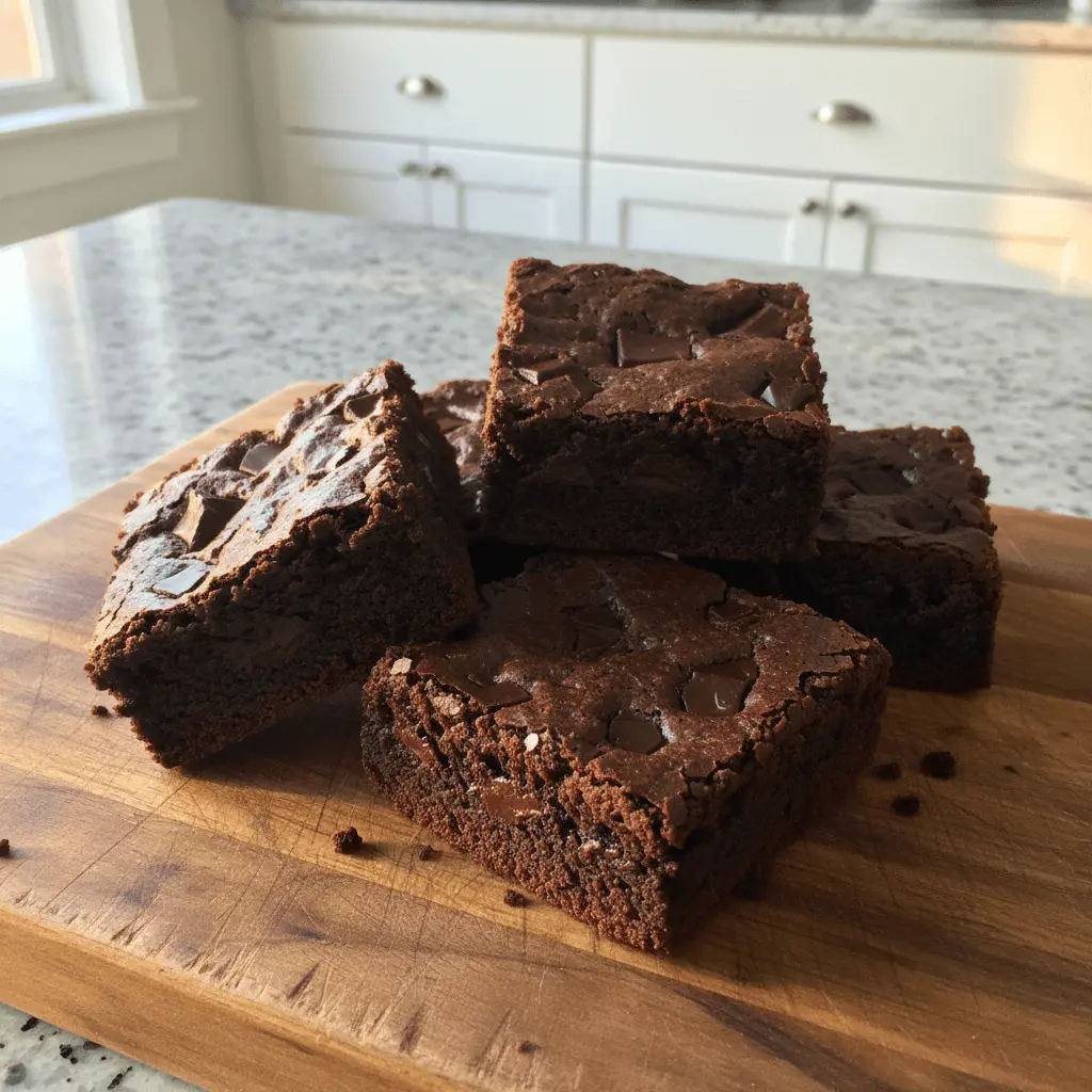 Close-up of rich, crinkly-topped gluten-free chocolate brownies recipe on a rustic wooden board, showing embedded chocolate chunks.