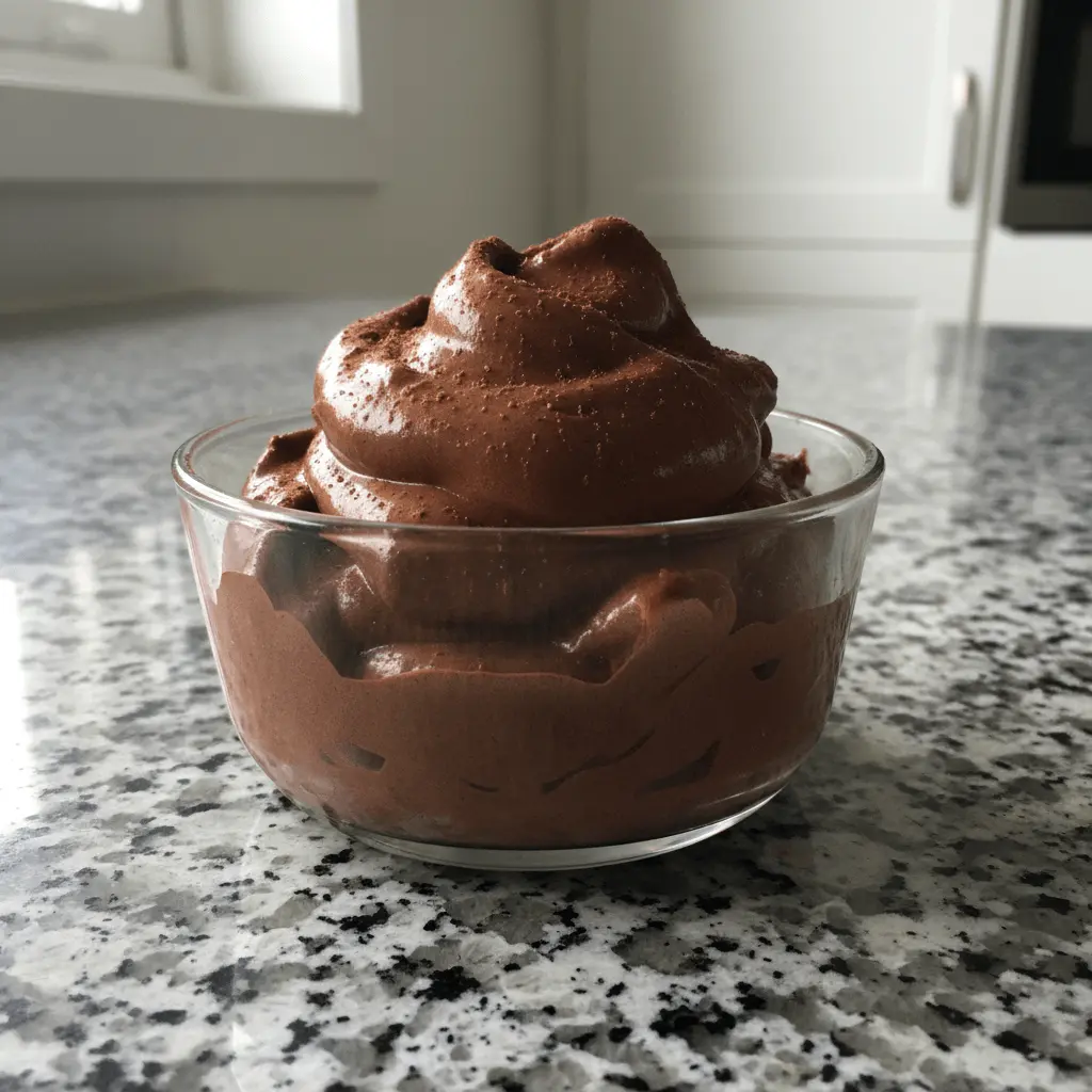 Decadent 3-ingredient chocolate dessert recipe, a creamy mousse or pudding, in a glass bowl on a speckled kitchen counter.