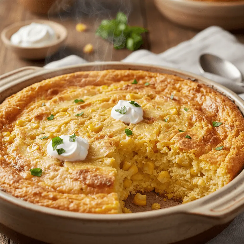 Freshly baked golden cornbread casserole in a rustic ceramic dish, garnished with cream and herbs.