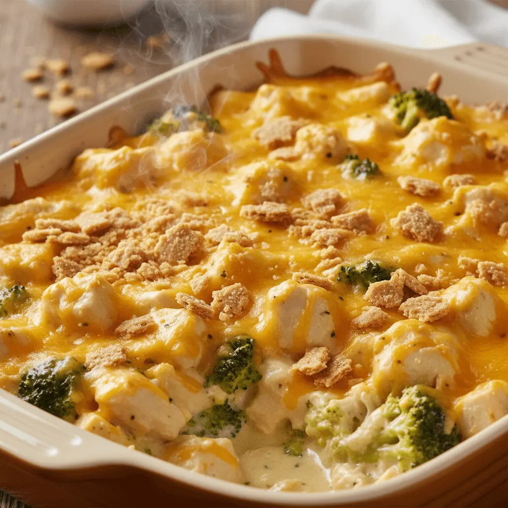 Steaming hot chicken divan casserole with melted cheddar cheese, tender chicken, vibrant broccoli, and a crispy topping, fresh from the oven.