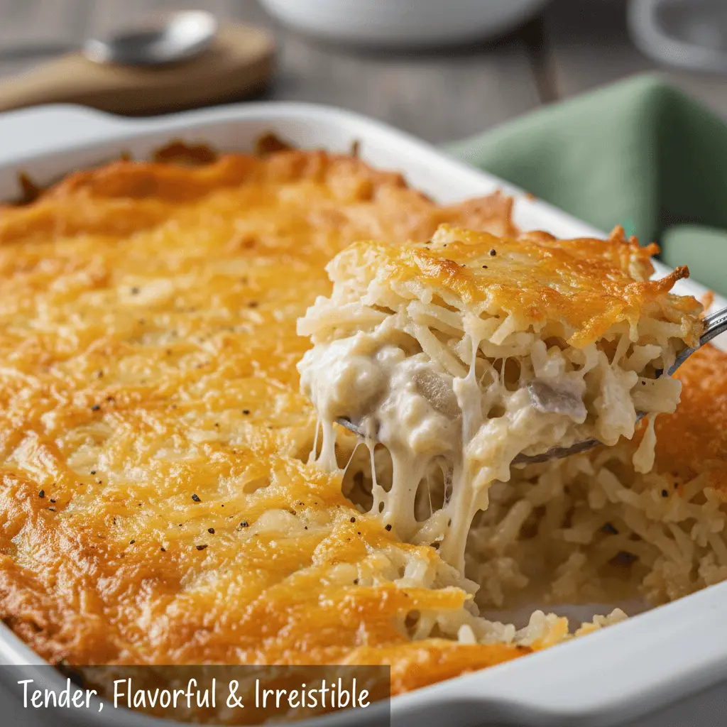 Close-up of a serving spoon lifting a generous portion of bubbly, golden-brown cheesy hashbrown casserole with an irresistible cheese pull.