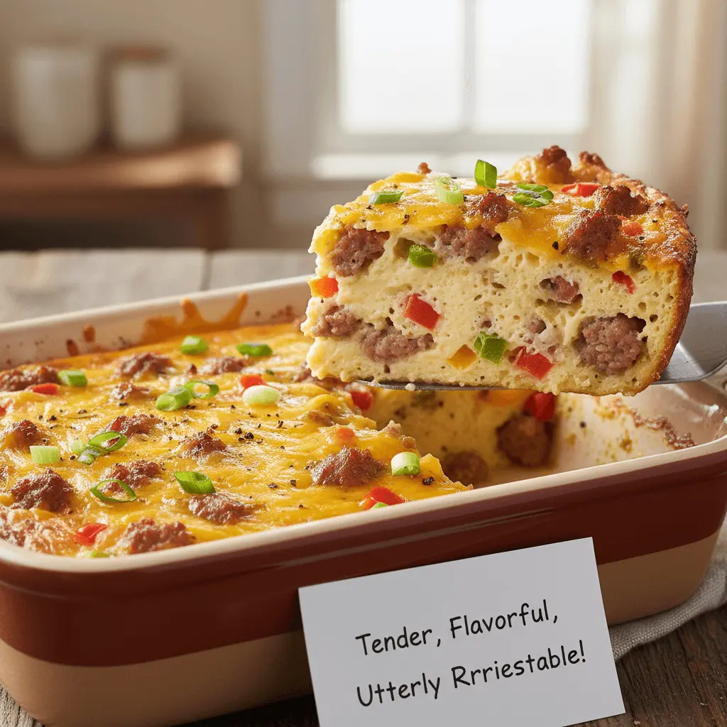 A delicious slice of golden egg casserole with sausage, bell peppers, melted cheddar cheese, and fresh green onions being served from a rustic baking dish on a wooden table.