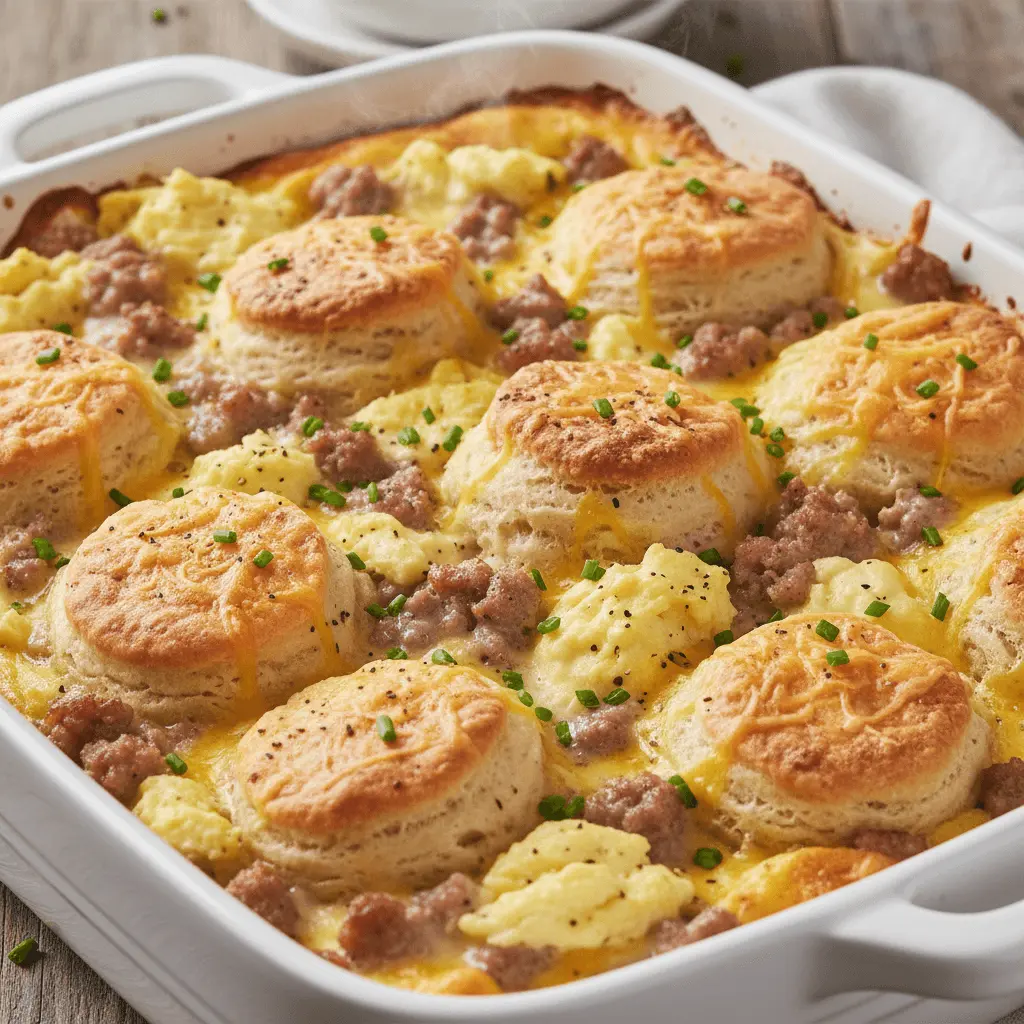 Hearty biscuits and gravy casserole baked with melted cheese, sausage, eggs, and fresh chives in a white dish.