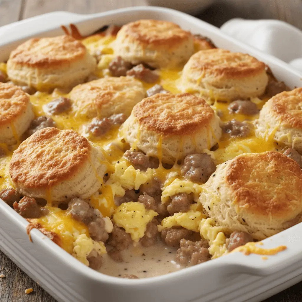 A close-up of a freshly baked, hearty biscuits and gravy casserole in a white ceramic dish, topped with golden biscuits, melted cheese, scrambled eggs, and sausage.