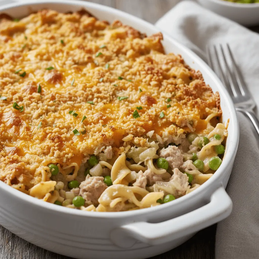 Appetizing close-up of a freshly baked tuna casserole in a white dish, with a serving removed to show the creamy noodles and vegetables.