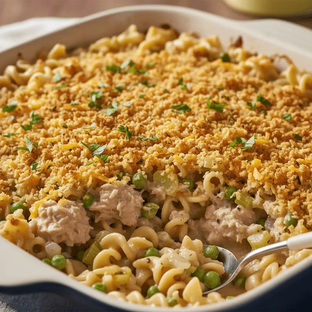 Close-up of a freshly baked tuna casserole with a golden, crispy breadcrumb topping and creamy filling, served in a two-toned ceramic dish.