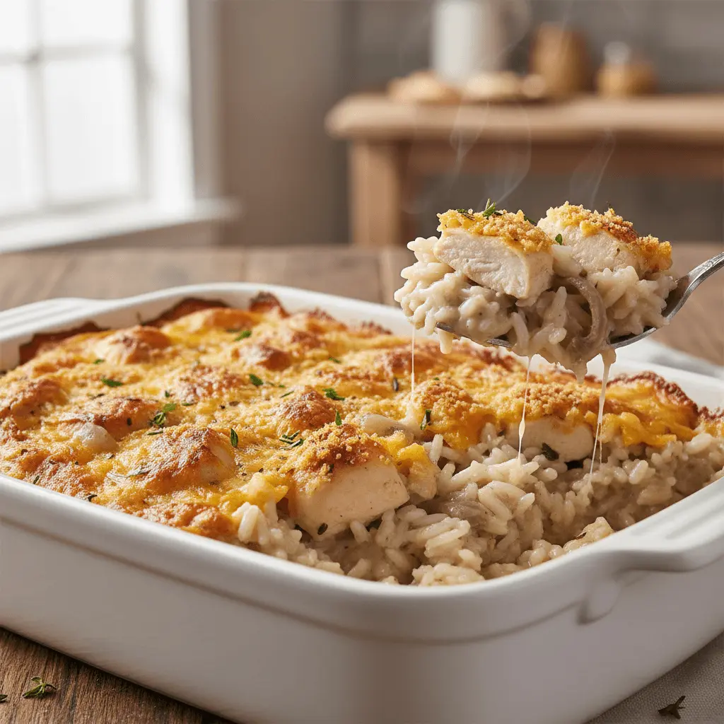 A close-up of a freshly baked, creamy chicken rice casserole with a golden-brown cheesy topping, served with a spoonful lifting hot, gooey portions.