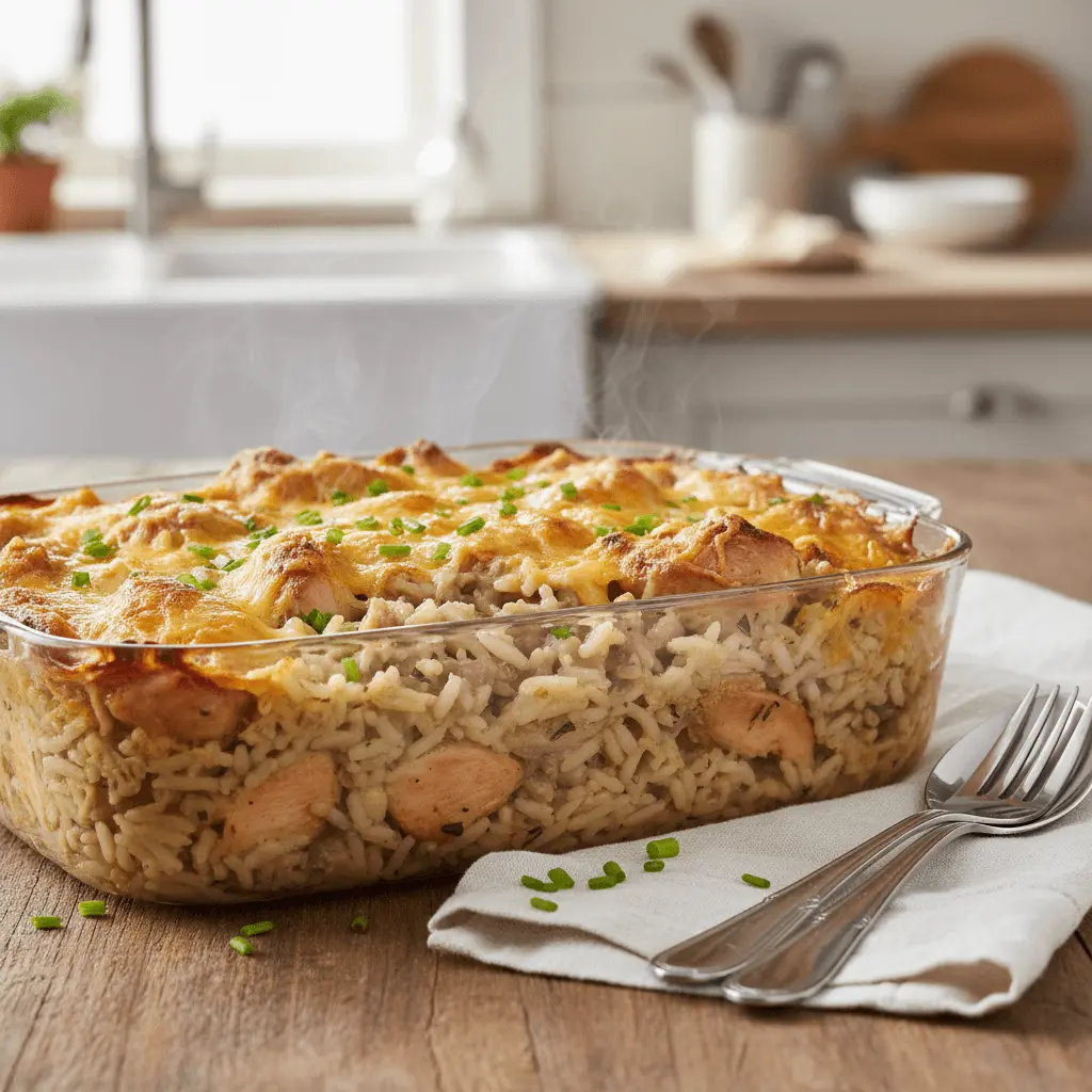 Steaming chicken rice casserole with golden cheese and fresh chives on a rustic wooden table.