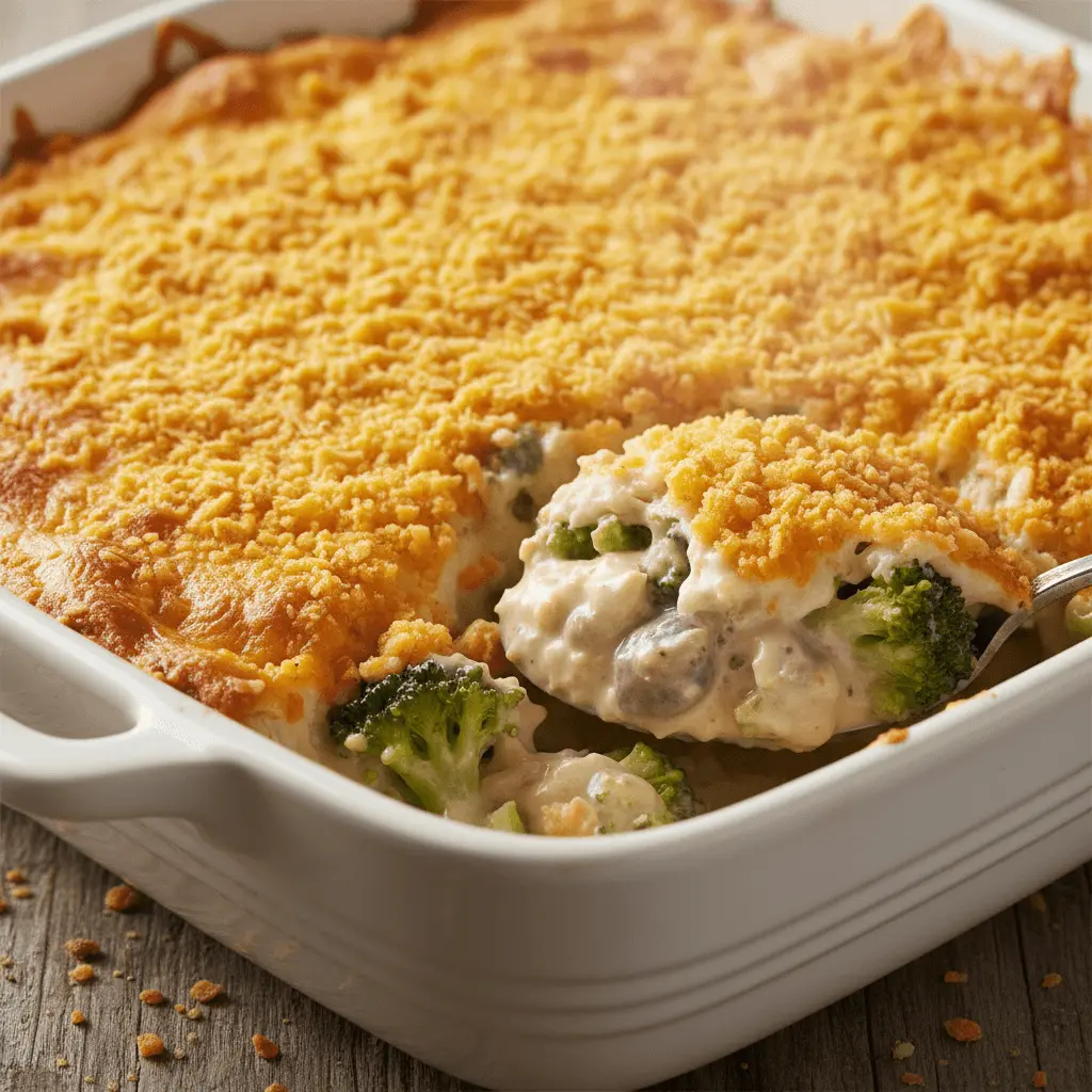 Freshly baked broccoli cheese casserole with a golden, crispy topping being scooped from a white ceramic dish.