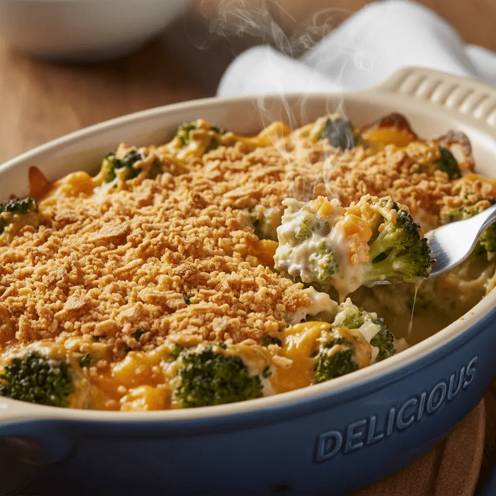 Freshly baked broccoli cheese casserole in a light blue dish, with a fork serving a creamy portion.