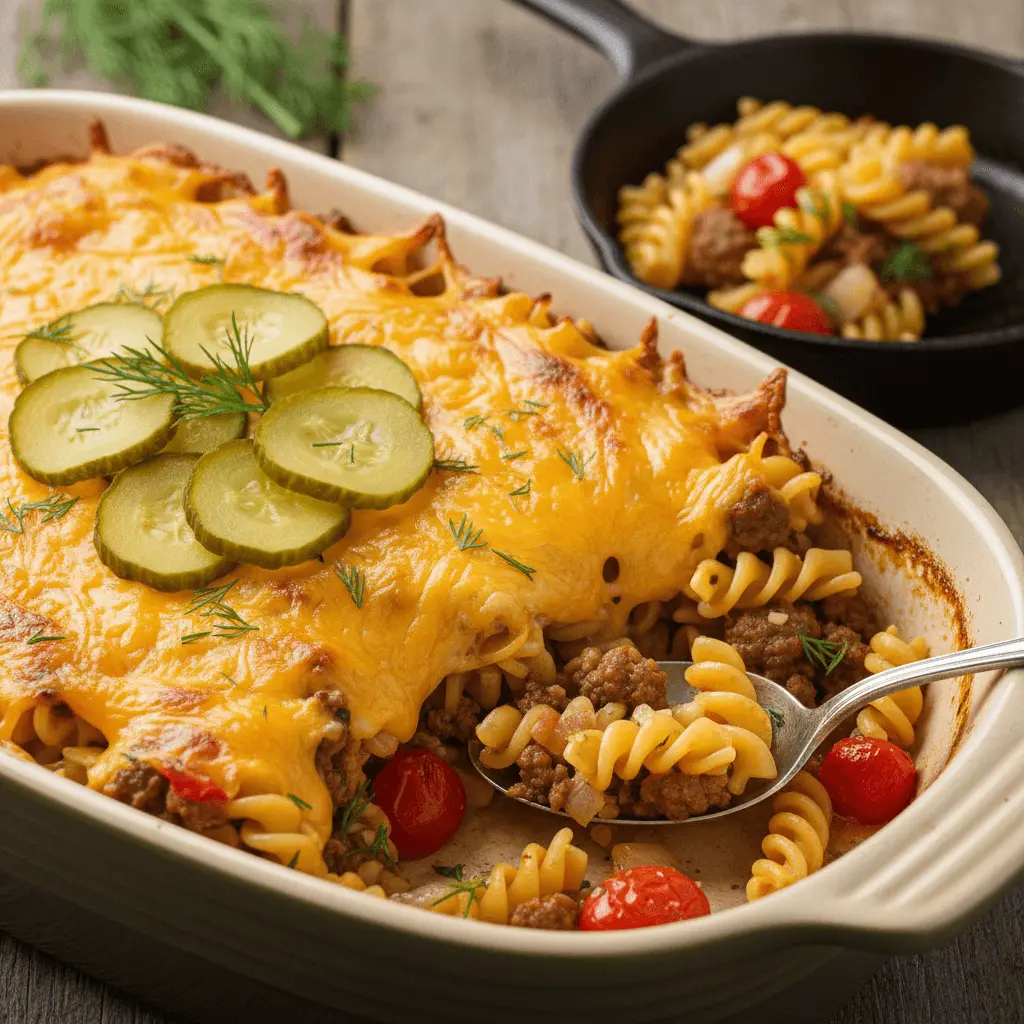 Delicious cheeseburger casserole with melted cheddar, pickles, and fresh dill on a rustic wooden surface.