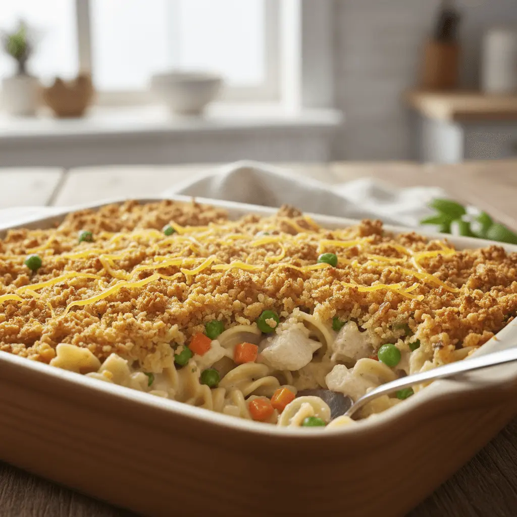 Close-up of a freshly baked, creamy chicken noodle casserole with a golden crumb topping and fresh peas.