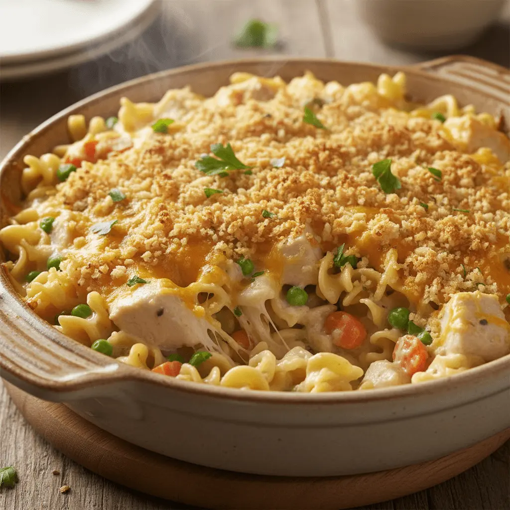 Hearty chicken noodle casserole with a golden-brown cheesy topping, fresh parsley, and visible steam, served in a rustic ceramic dish.