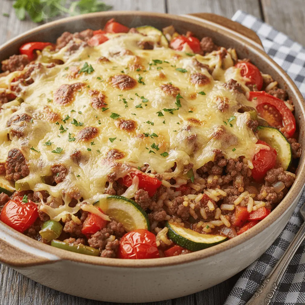 A steaming hot stuffed pepper casserole, topped with bubbly, golden-brown melted cheese and fresh parsley, served in a rustic stoneware dish on a wooden surface.